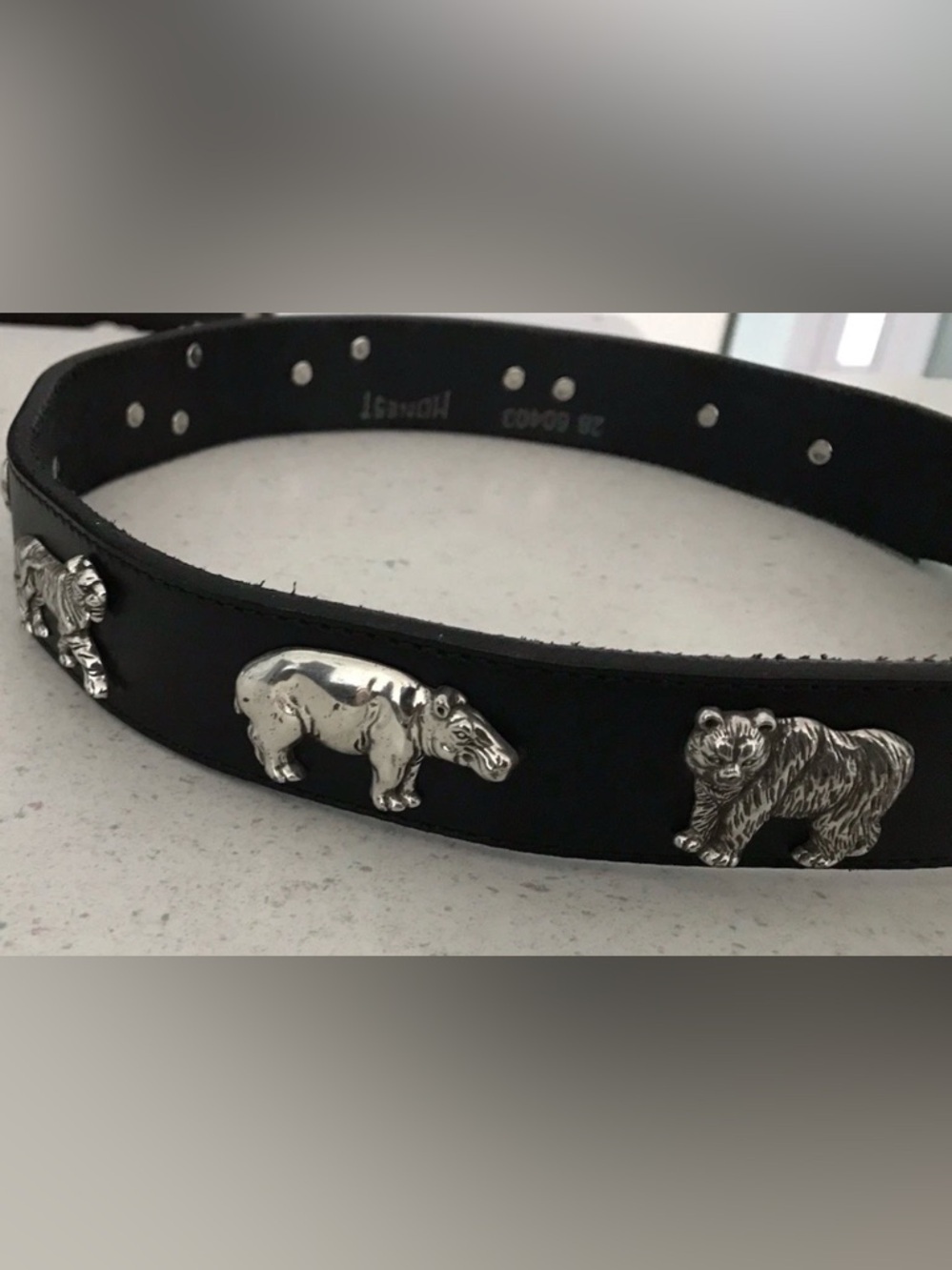 Vtg Brighton Honest 1992 Leather Black Belt Animals Solid Brass Size 28